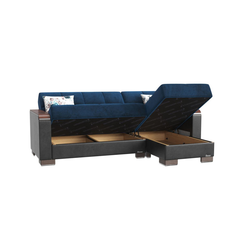 Chaise longue rembourrée en bois avec rangement Primenest Zenaero, Bleu