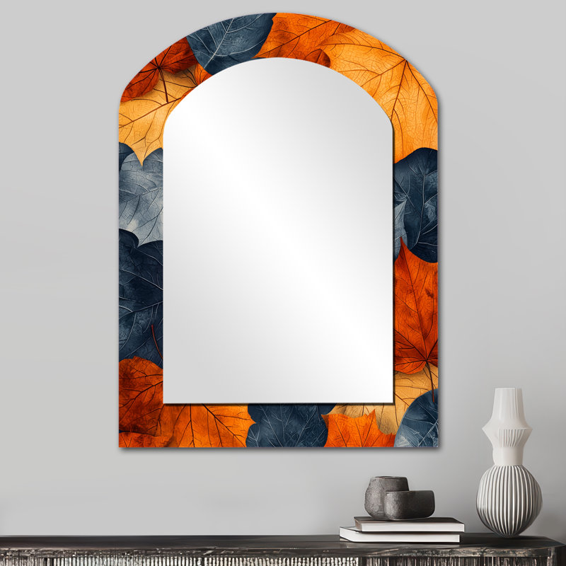 Orange orange, feuilles d'automne III - miroir mural décoratif asymétrique à feuilles, 34 po x 25 po
