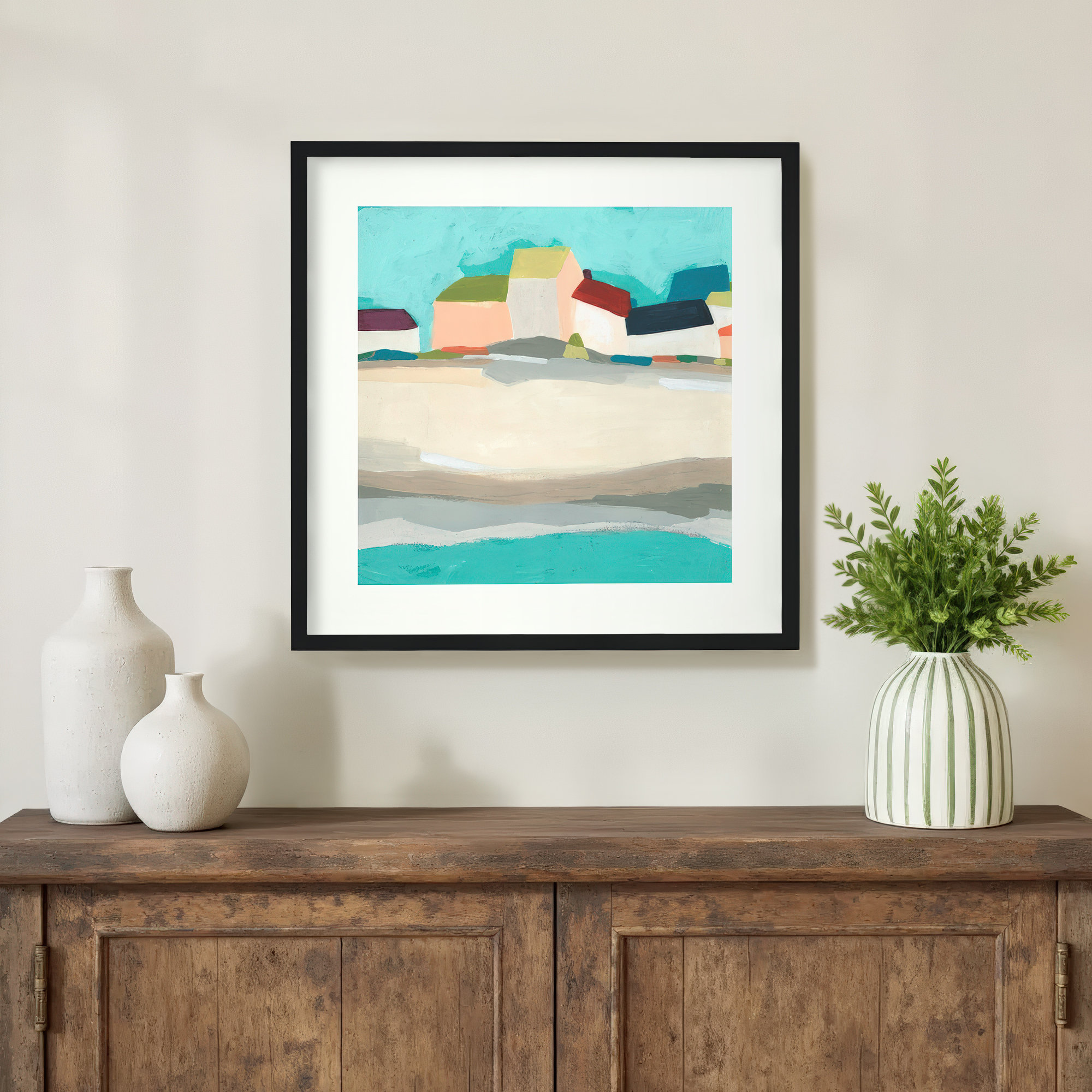 Coastal Village I by June Erica Vess, Black Framed Paper, 25" H x 25" W