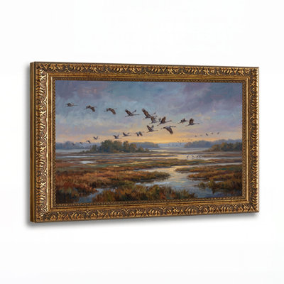 Sandhill Cranes Flying Over Marshland Sunset Canvas Wall Art