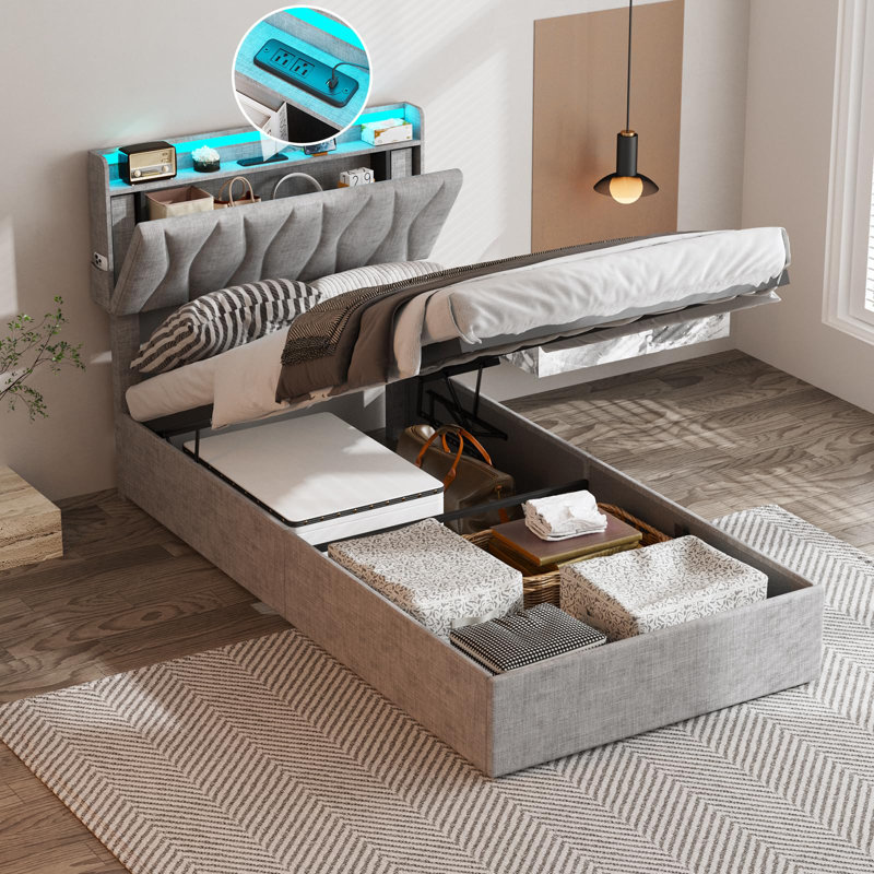 Lit plateforme tapissier Helmgard, Gris clair, Lit simple