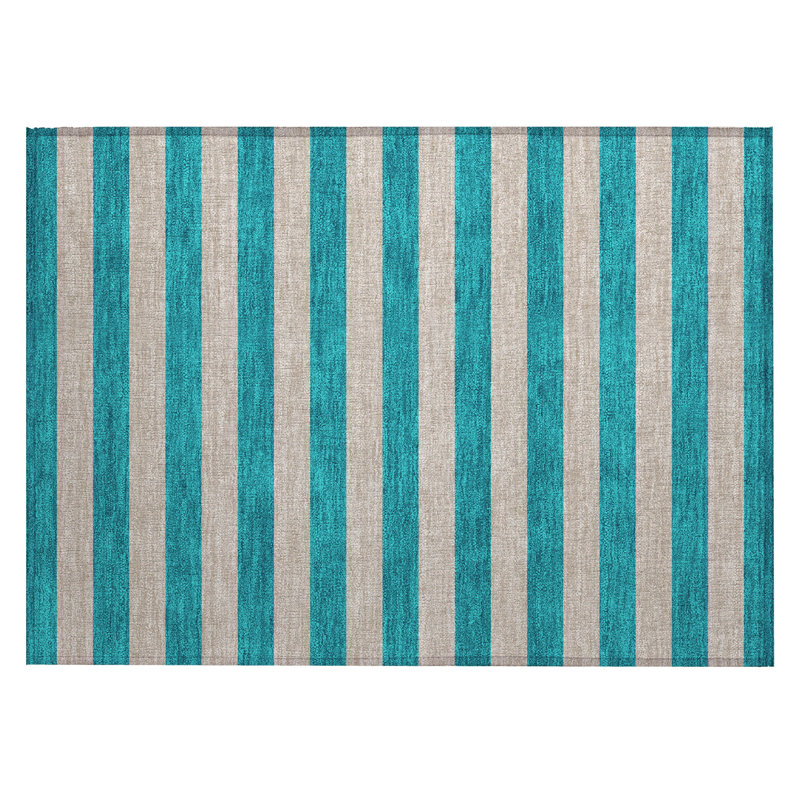 2' X 3' Turquoise Striped Washable Non Skid Indoor Outdoor Area Rug