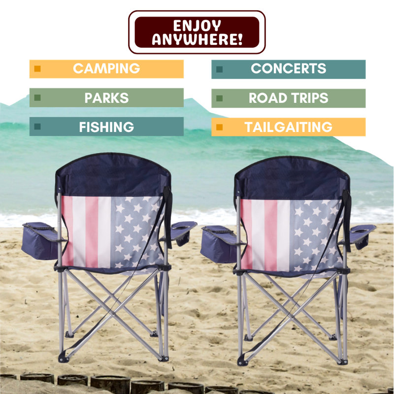 Set of 2 Camping Chairs with Built In Ice Cooler, Cup Holder, & Carrying Bag, Flag