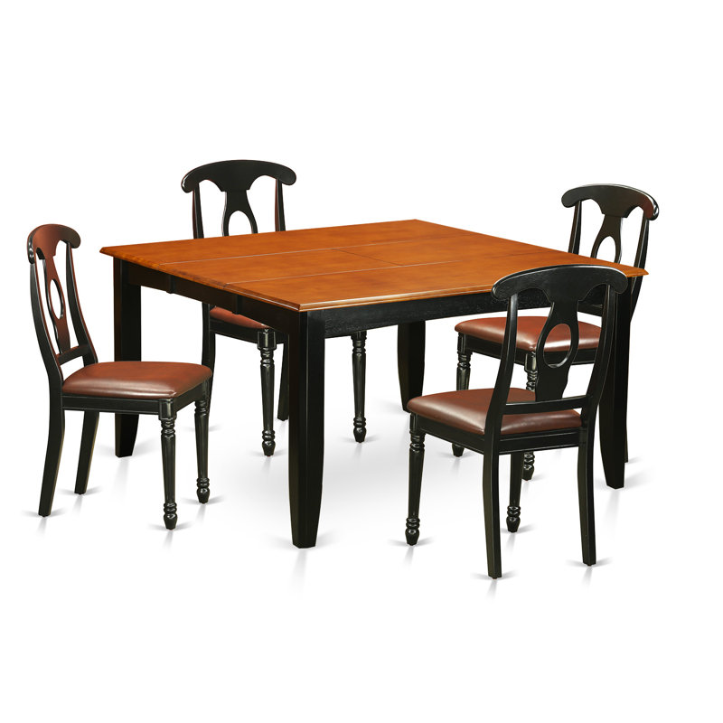 5 Piece Dinette Set for 4 Includes a Square Dining Room Table with Butterfly Leaf and 4 Faux Leather Upholstered Dining Chairs, 54x54 Inch, Black & Cherry