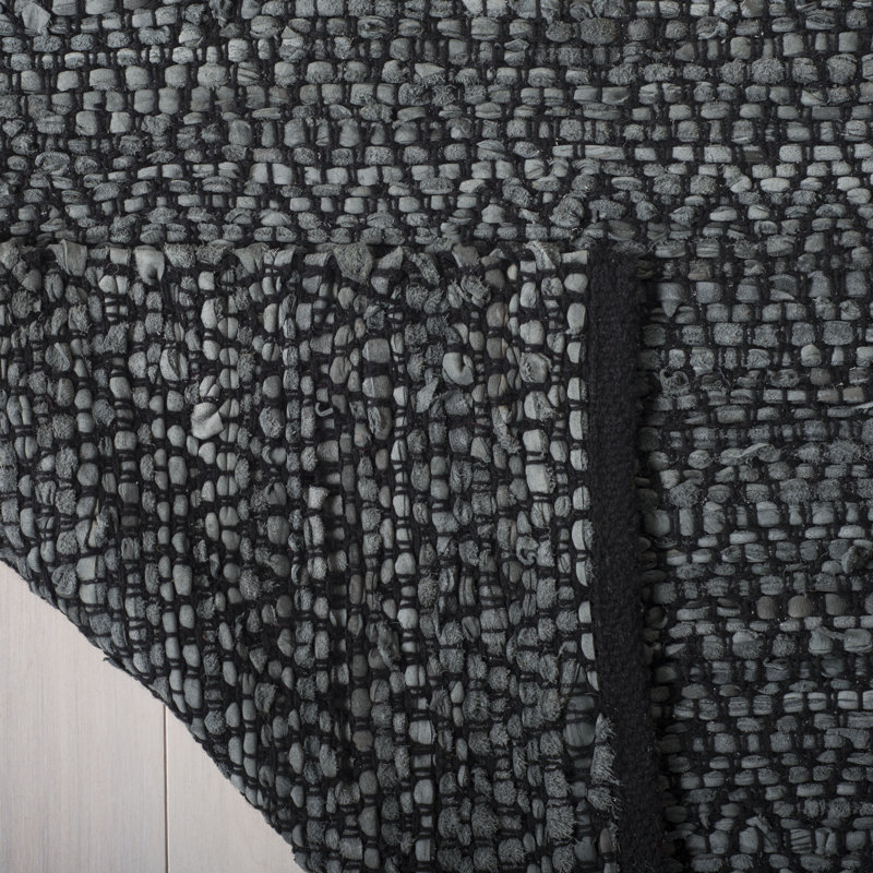 Phillis Vintage Leather Hand Woven Leather/Cotton Geometric Rug in Light Grey/Charcoal, Rectangle 2' x 3'
