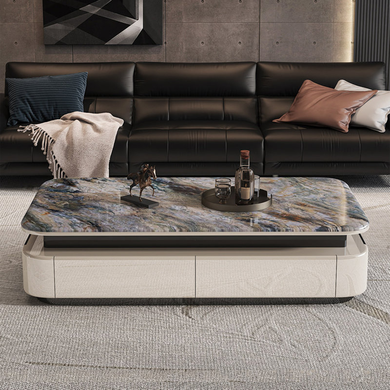 Table basse en pierre micro-cristalline avec rangement, H 16,5 po x L 55,1 po x l 27,6 po, Noir / blanc / brun