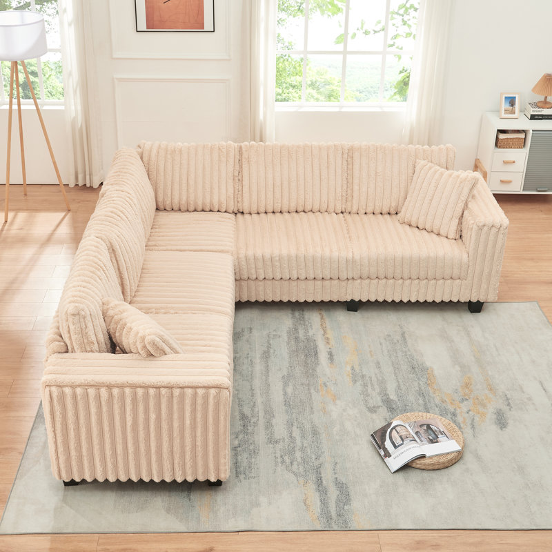Faux Rabbit Fur L-Shaped Upholstered Sectional Sofa, Beige