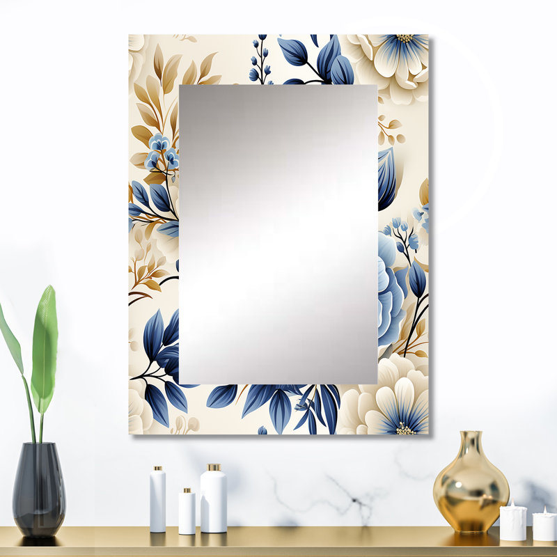 Banu Classic Blue Harmony Bouquet - Floral Large Wall Mirror, Cottage Decorative Mirror, Printed Metal Art, 32" x 24"