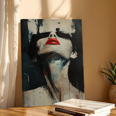 «Dark Abstract Portrait with Red Lips Canvas», art mural 12 po x 18 po pour bureau de chambre à coucher