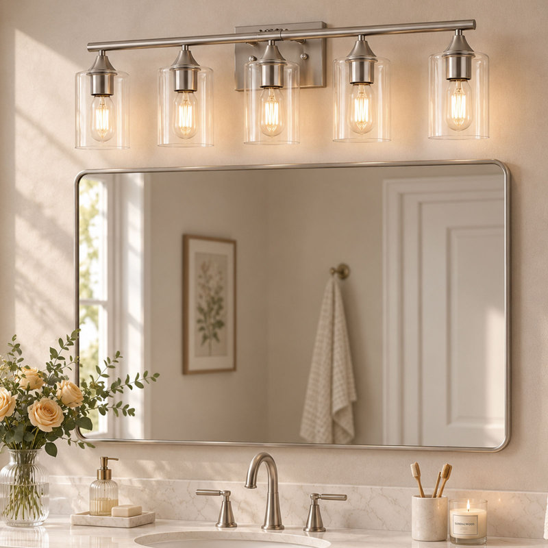 Applique murale à 5 lumières pour meuble-lavabo à 5 lumières avec abat-jour en verre transparent pour miroir de salle de bain et salle d'eau