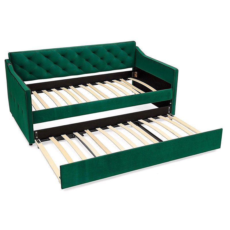 Lit de jour simple rembourré avec lit gigogne escamotable simple et conception de chargement USB, Vert