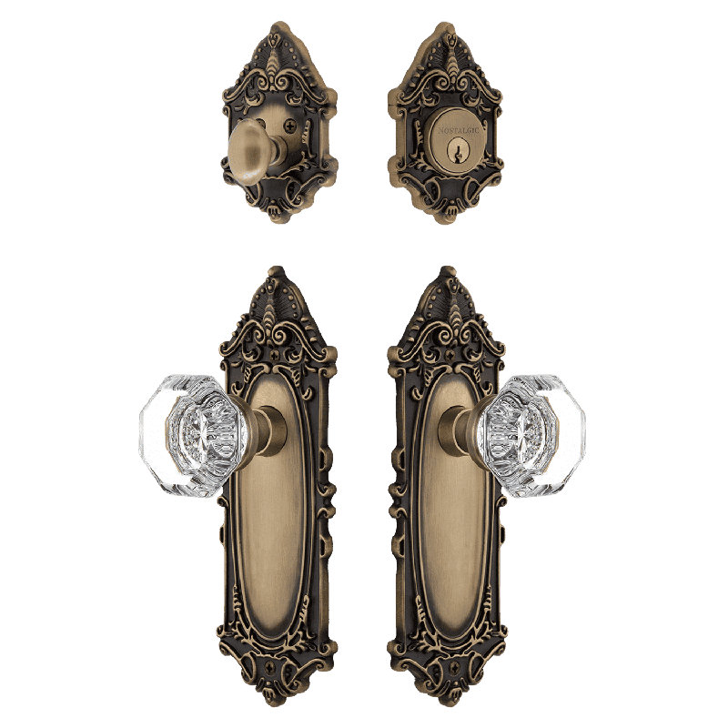 Nostalgic Warehouse Victorian Entry Set with Waldorf Crystal Knob, Antique Brass, 2.375