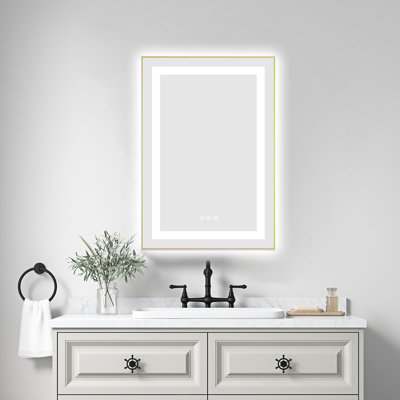 Miroir de salle de bain mural 20 "x 30" avec avant et rétroéclairage, brouillard, éclairage 3 couleurs, réglage continu de la luminosité, cadre en aluminium, réflexion, gradation dorée brossée, verre, design