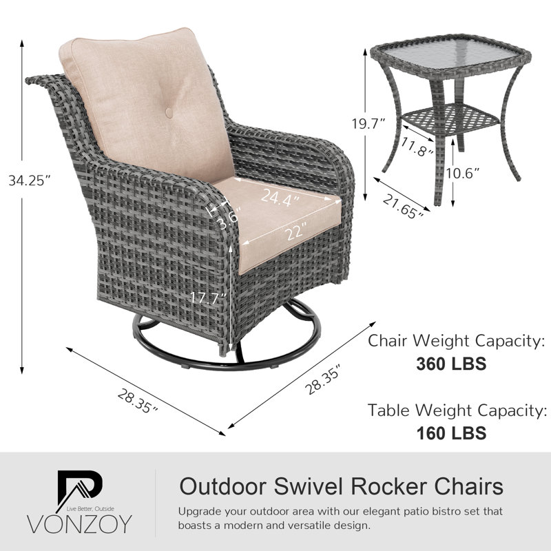 Ensemble de conversation à bascule pivotant en osier pour 2 personnes avec coussins 2 personnes, Gris, Beige