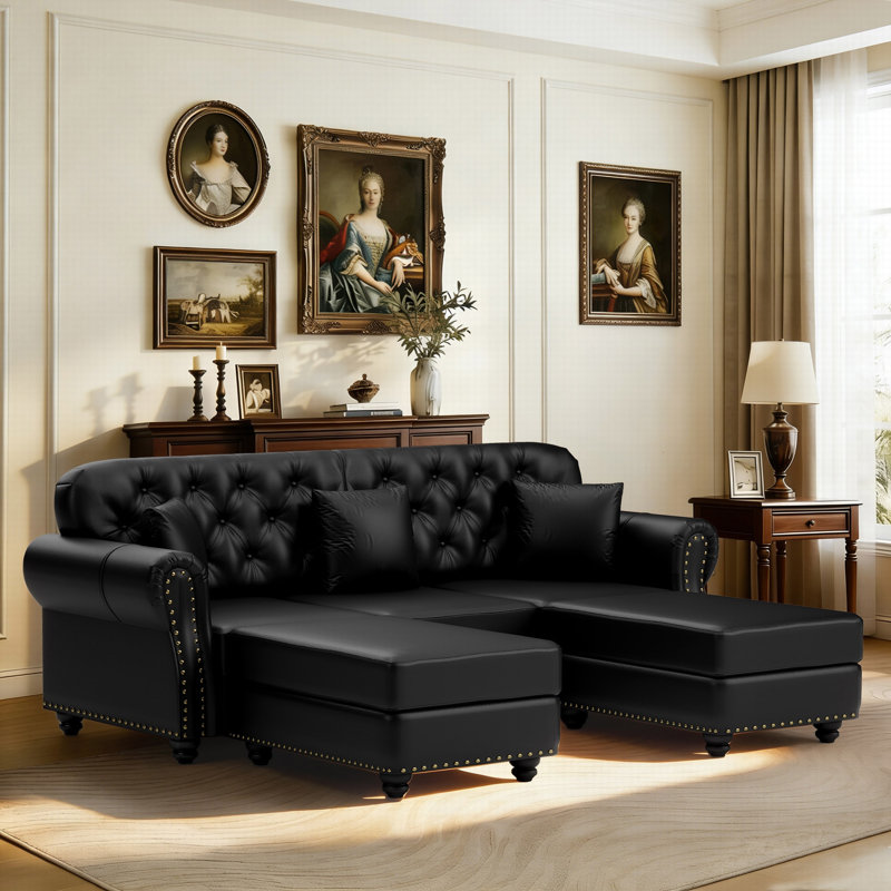Canapé Chesterfield avec capitonnage à boutons Mid-Century 82,6 po avec garniture cloutée et 2 repose-pieds, Noir