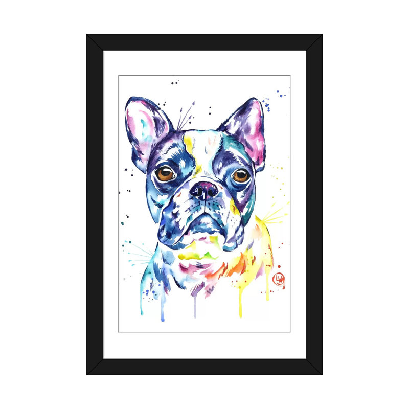 «Boston Terrier» par Lisa Whitehouse, reproduction sur toile, H 32 po x l 24 po x P 1 po, Papier avec cadre noir, Blanc