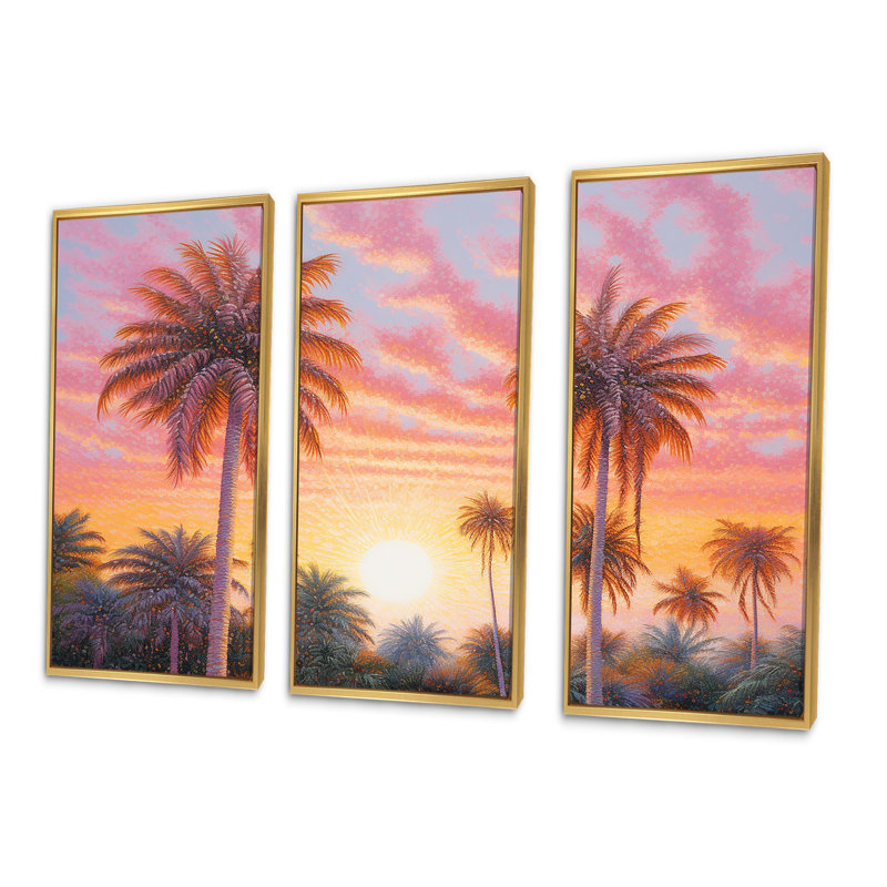 Rose Radiance Sunset Palm Trees V - Ensemble de décoration murale palmiers et palmiers, Cadre flottant doré