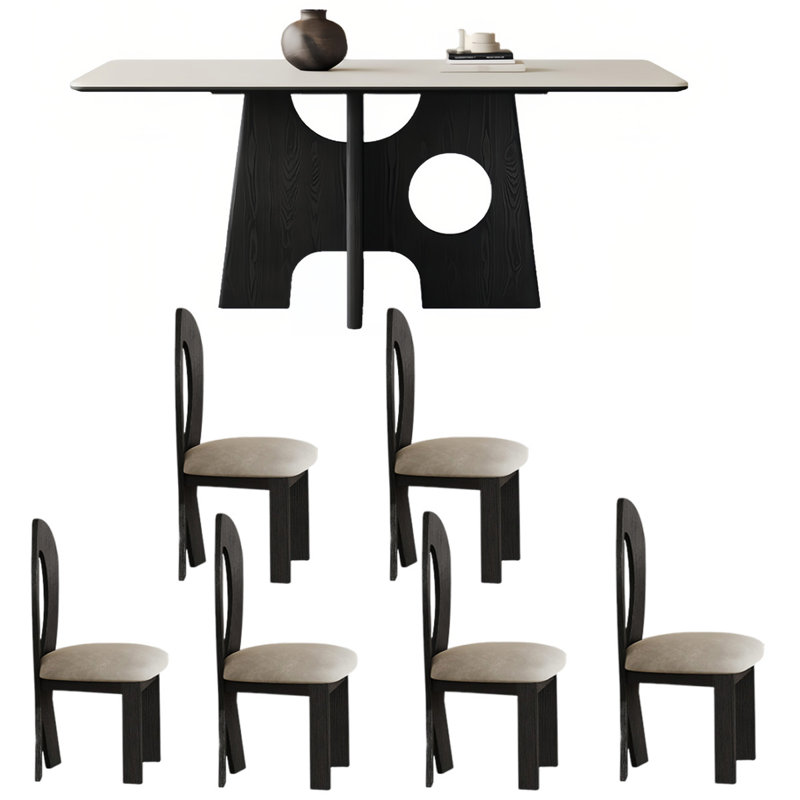 French Retro Light Luxury Rectangular Dining Table Pedestal Dining Set, 7 Piece Dining Set