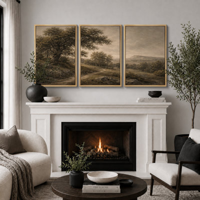 Sepia Oak Tree Countryside Artwork, Living Room Pictures, Framed Canvas Giclee Print 3 Pieces Wall Art
