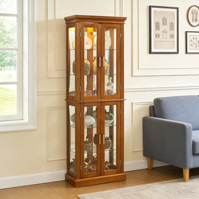 Curio Cabinet Lighted Curio Diapaly Cabinet with Adjustable Shelves and Mirrored Back Panel, Tempered Glass Doors (OAK, 6 Tier), (E26 light bulb not i by 17 Stories