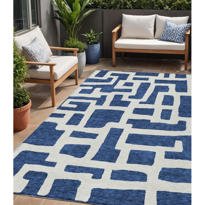 Tapis extérieur lavable abstrait bleu marine et ivoire 5 pi x 8 pi