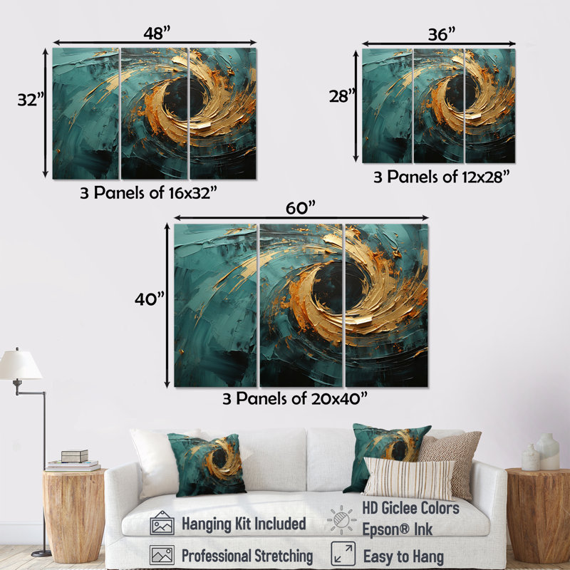 Golden Emerald Surge - ensemble de reproductions d'art abstrait spirales abstraites, H 28 po x l 36 po x P 1 po