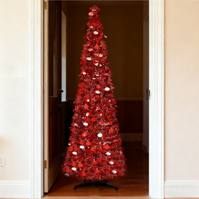 5FT Pop Up Tinsel Christmas Tree，Collapsible Christmas Tinsel Tree Artificial Pencil Tree Xmas Decoration for Holiday Home Office Party