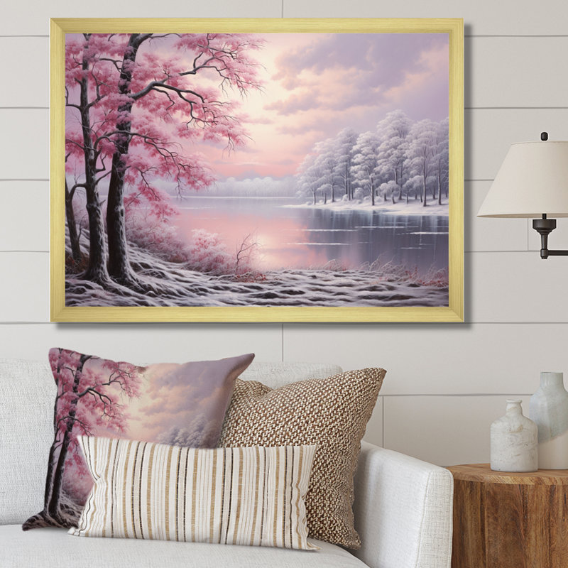 «Pink Winter Trees By The Riverside», reproduction sur toile, Encadrement doré, H 30 po x l 40 po x P 1,5 po