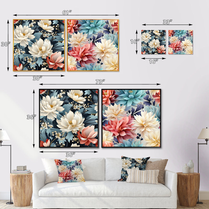 Stocksbridge - Ensemble de 2 collages floraux carrés, H 16 po x l 33 po, Cadre flottant blanc