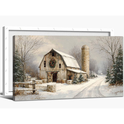 «Large Winter Landscape Wall Art - Snowy Barn Winter Scene, art mural sur toile, photos de Noël rétro, estampes de Noël pour le salon, peinture sur toile tendue, 20 po x 40 po