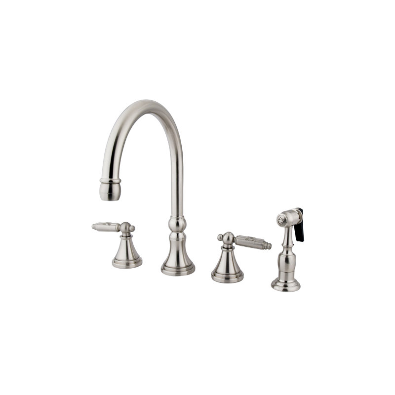 Deck Mount Double Handle Widespread Kitchen Faucet with Metal Cross Handle, Satin Nickel