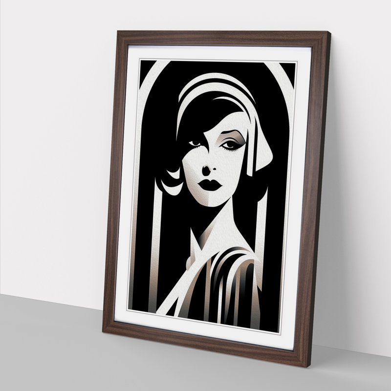 Art Deco Woman Line Art - Framed Print, Walnut Framed, 64cm H x 46cm W x 2cm D
