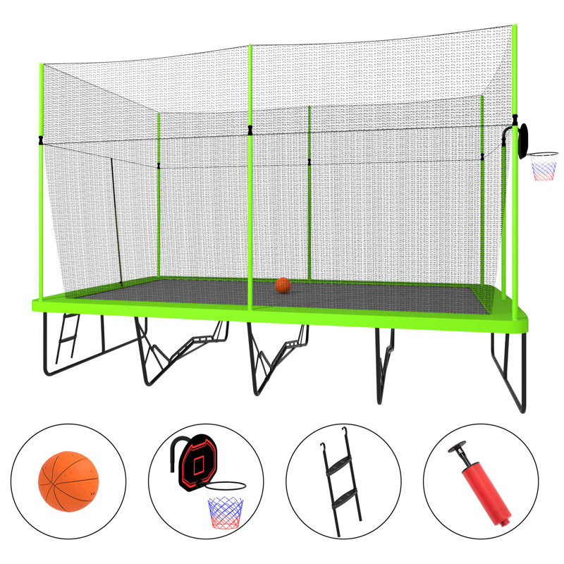 Trampoline rectangulaire 10 pi x 17 pi avec tissu vert, tubes en acier galvanisé thermolaqué noir avec système de panier de basketball