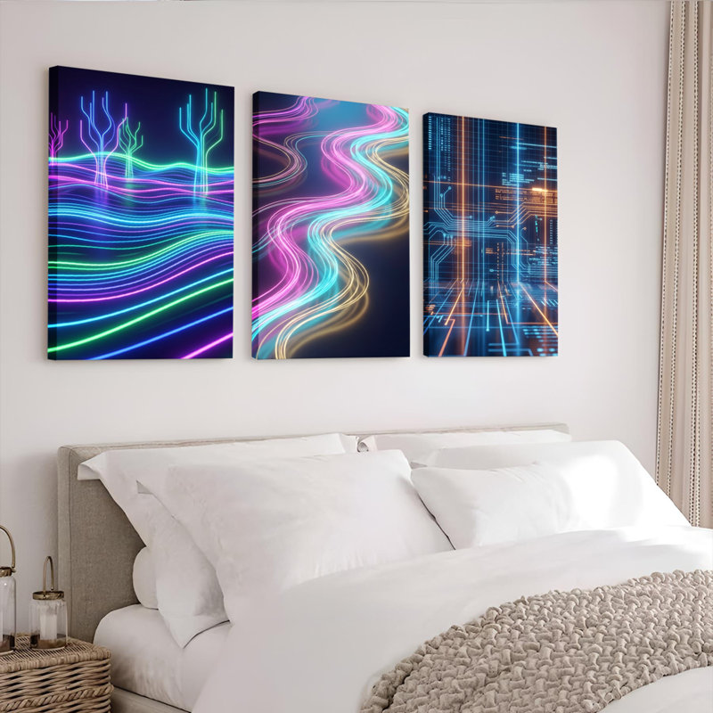Ensemble de 3 tableaux muraux abstraits sur toile, représentant des vagues et un circuit imprimé, inspirés d'un paysage néon.
