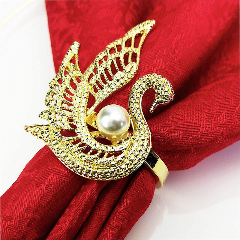 Ensemble de 4 anneaux de serviette en métal avec perles de cygne dorées, Or