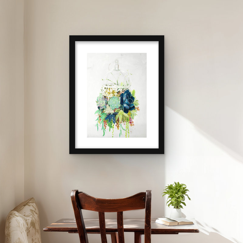 Cage à oiseaux avec cactus - Turquoise exotique, reproduction encadrée, H 20 po x l 16 po, Noir