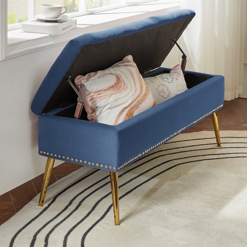 Banc de rangement rembourré en velours Kajana, Bleu ardoise