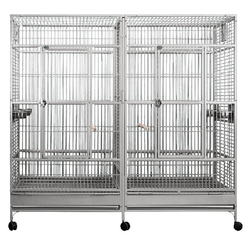 Grande cage à ara double avec cloison - acier inoxydable, gris