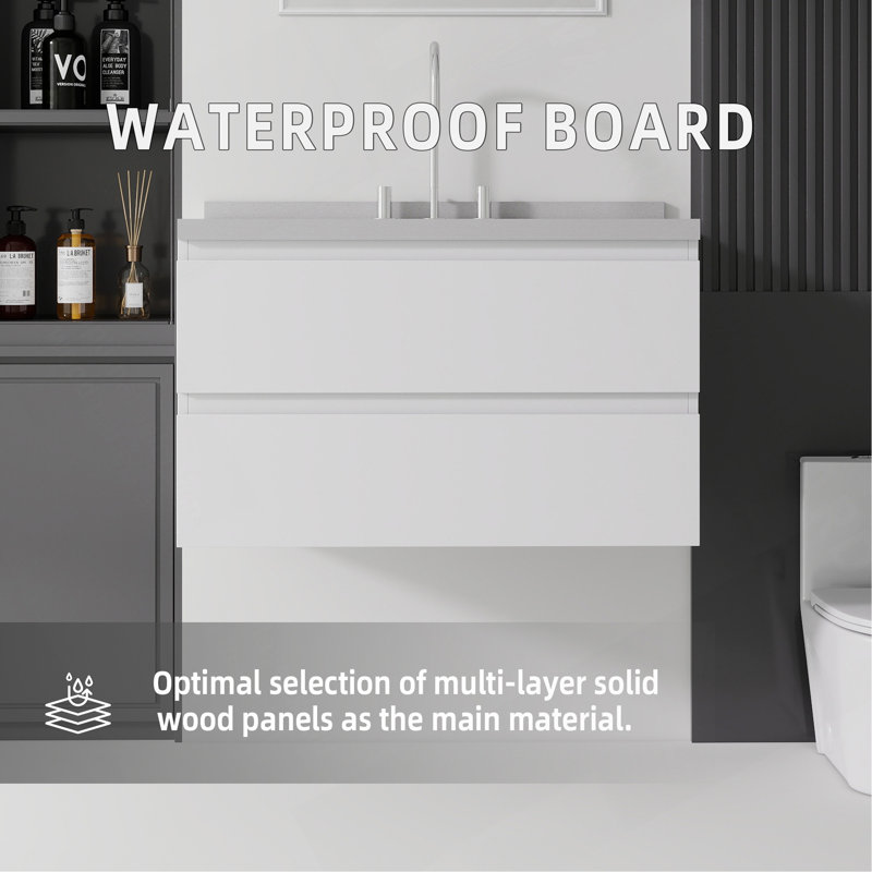 Meuble-lavabo flottant 36 po avec lavabo, tiroir à fermeture en douceur, comptoir en granite blanc de 2 po et dosseret, contreplaqué
