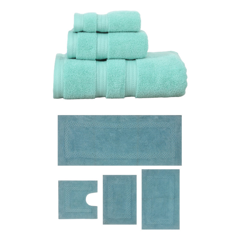 Bublitz Classy Bath Mat 100% Soft Cotton Towel Set & Bath Rug Combo, 7 Piece Towel Set, Turquoise