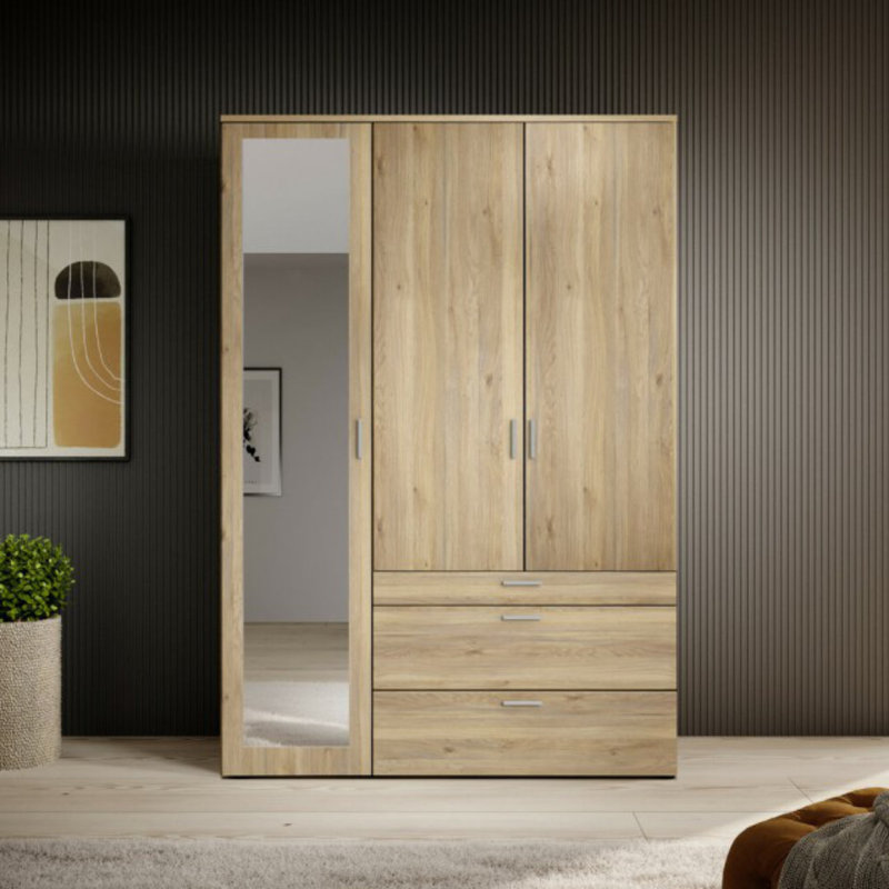 3 Hinged Door Wardrobe with Mirror 135 cm, White
