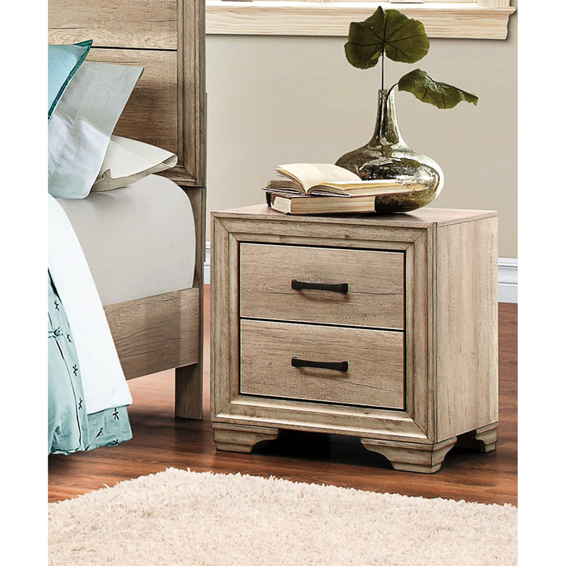 Table de chevet pour chambre contemporaine - 2 tiroirs avec plateau en stratifié au fini naturel et 2 tables d'appoint