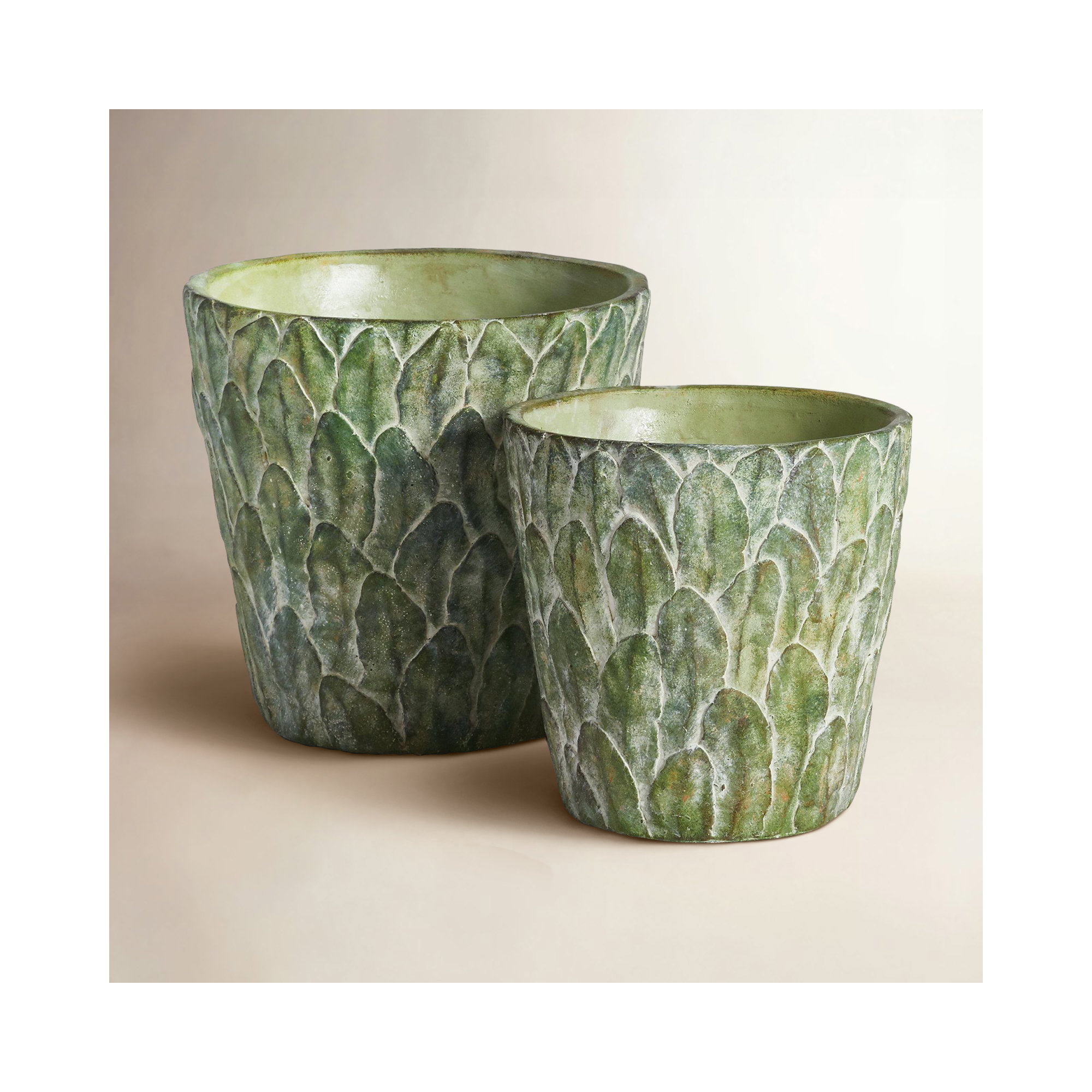 Fino Concrete Leaf-Embossed Pots in Moss, Set of 2