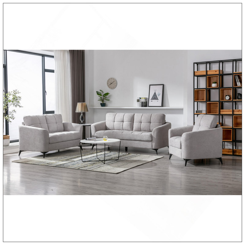 Ensemble de canapé, causeuse et fauteuil en tissu tissé gris clair Callie pour les salons modernes avec coussins capitonnés et sièges à ressorts ensachés