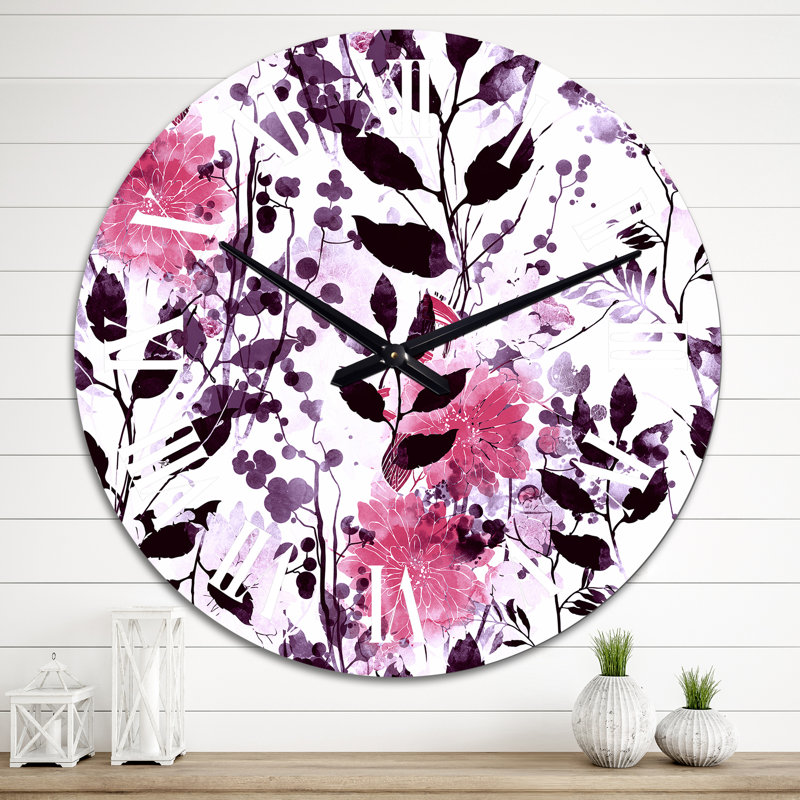 Horloge murale à motif de feuilles roses et noires sur fond blanc, Grand
