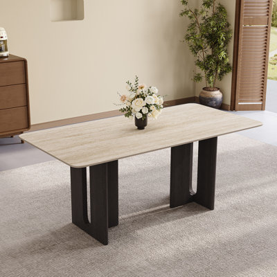 63''Beige Sintered Stone Dining Table for 6, Rectangle Dining Table with Double Black Legs Mid Century Modern Kitchen Table