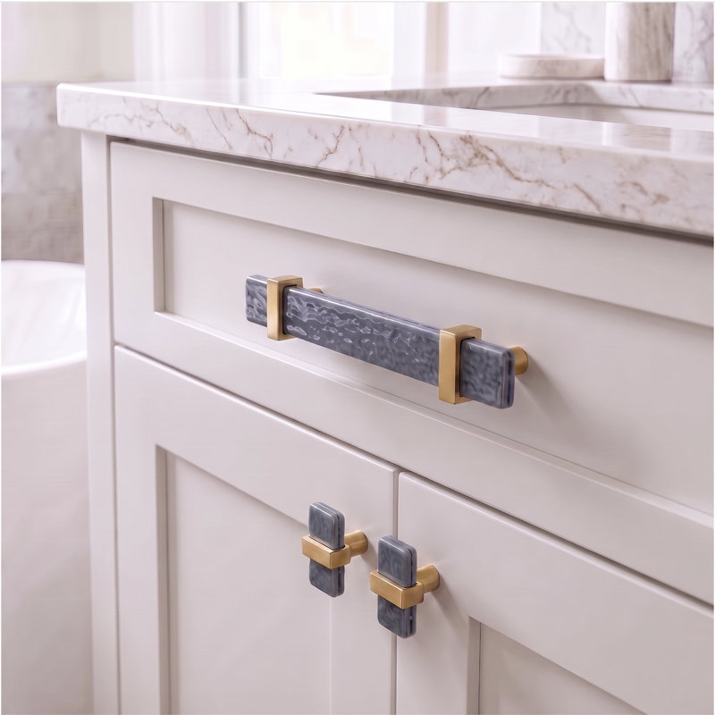 2” Length Rectangle Knob, Satin Brass/Slate Gray