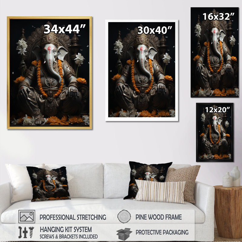 Dinvers Hinduisim Divine Ganesha I, reproduction d'art sur toile, Cadre flottant noir, H 32 po x l 24 po x P 1 po