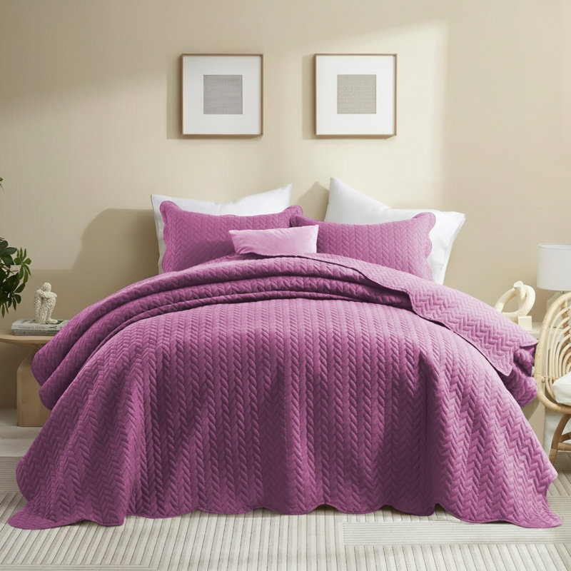 Microfiber Embossed Oversized Modern & Contemporary Bedspread Set With Shams, Purple, Full Bedspread + 2 Pillowcases