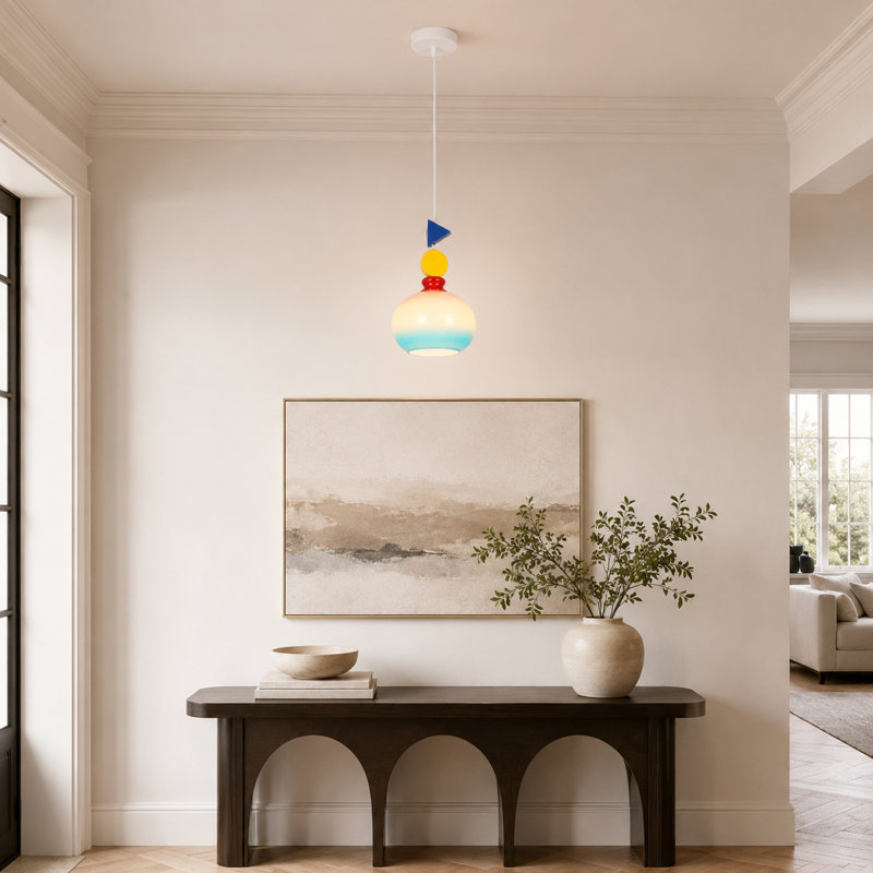 Luminaire suspendu coloré en verre, luminaire suspendu géométrique 1 lumière avec cordon réglable et ampoule E26 3 couleurs incluse
